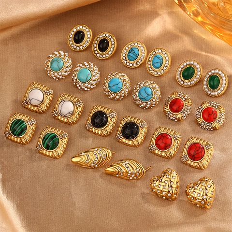 Vintage 18K Gold Plated Stainless Steel Stud Earrings For Women Rhinestone Turquoise Heart Geometric Inlaid Jewelry Gift