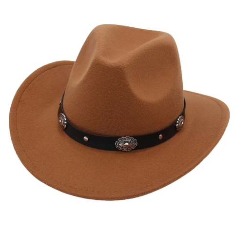 Chapeau De Cow-Boy Western Feutre De Laine Jazz Fedora Vintage Large Bord Bande En Cuir Concho Métal Unisexe Style Ethnique