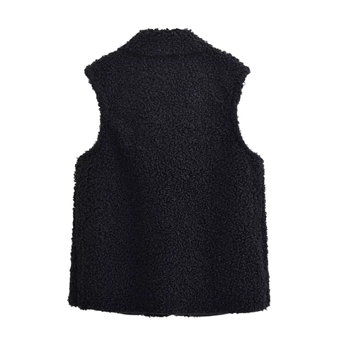 Gilet Da Donna In Lana Di Agnello Sintetica E Ecopelle Senza Maniche Collo Alto Zip Streetwear Casual Inverno
