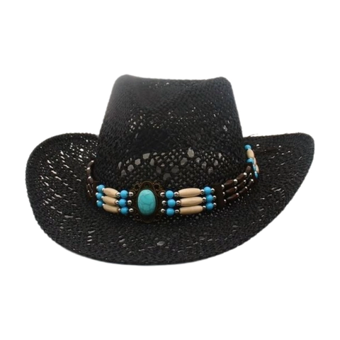Chapeau De Cowboy En Paille Western Avec Bande De Perles Turquoise Respirant Ethnique Bohème Plage Solaire