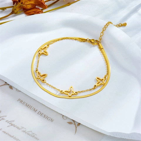 Titanium Stahl Zweilagiges Fußkettchen Mit Schmetterlingsanhängern Schlangenkette Verstellbarer Goldschmuck Frauen
