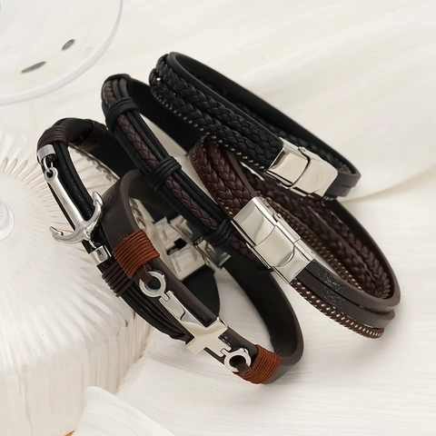 Bracelet Homme Acier Inoxydable Cuir Silicone Ancre Croix Charme Multi-Couches Rétro Nautique Pour Homme