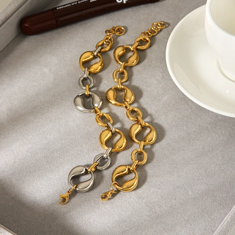 Bracciale A Catena Grossa Geometrico Asimmetrico In Acciaio Inossidabile Stile Industriale Per Donna Gioielli Bicolore