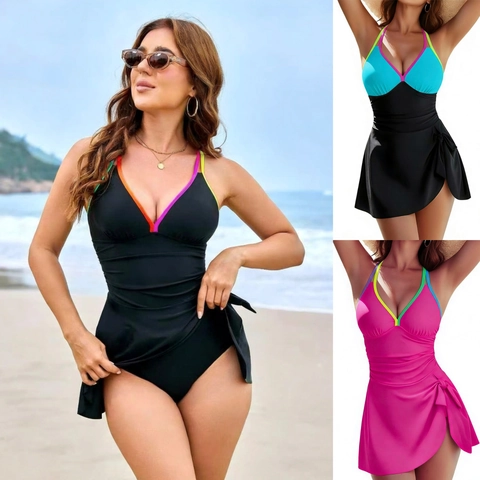 Women Monokini Swimsuit Contrast Color Straps Ruched Tummy Control Swim Dress V Neck Beach Vacation Sleeveless Fashion