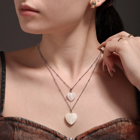 Heart Pendant Necklace Stainless Steel Mother Of Artificial Pearl Shell 18K Gold Plated Beaded Chain Jewelry For Women