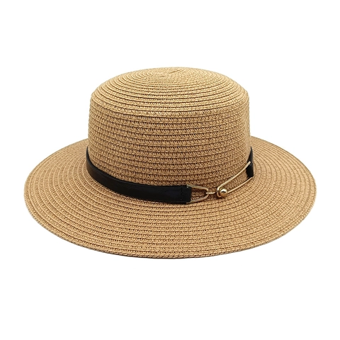 Boater Straw Hat With Leather Band Metal Buckle Flat Top Wide Brim Sun Protection Summer Beach Vacation For Women