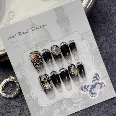 Gothic Spider Press On Nails Long Coffin Ombre Black Gradient 3D Rhinestone Spider Web Handmade Reusable Fake Nails