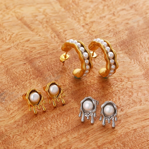 Lava Drip Artificial Pearl Stud Earrings Irregular Molten Metal Design With Stainless Steel Earring Post Elegant Jewelry For Women