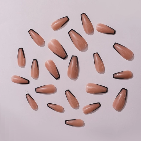 Unghie Finte Lunghe Forma Bara French Tip Nera Base Rosa Nude Lucide Unghie Artificiali Per Donne Stile Minimalista