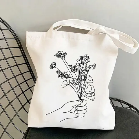 Wildflower Canvas Tote Bag Floral Botanical Print Large Capacity Handheld Shoulder Shopping Handbag For Women Casual