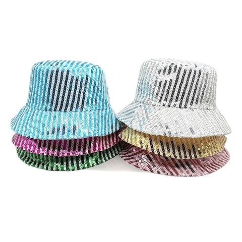 Pailletten Bucket Hat Glitzer Vertikale Streifen Glänzend Bühne Party Sonnenhut Für Damen Herren Festival Disco Kostüm