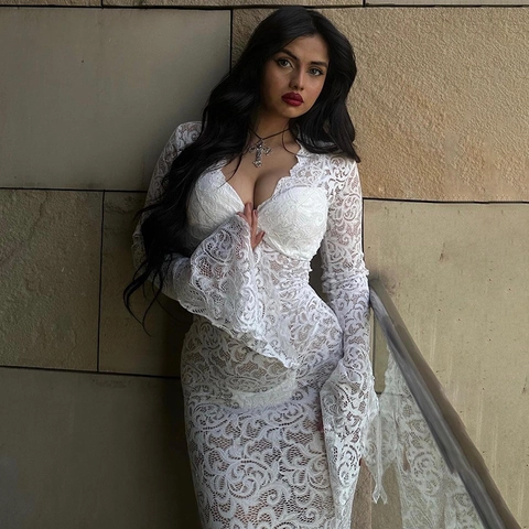 Robe Longue Sexy Femme Col En V Dentelle Transparente Manches Évasées Élégante Mesh Fête Club Vacances Plage Cover Up