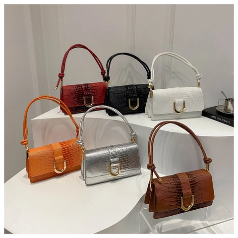 Crocodile Pattern PU Leather Shoulder Bag Gold U-Shaped Buckle Knotted Strap Small Square Flap Crossbody Bag For Women