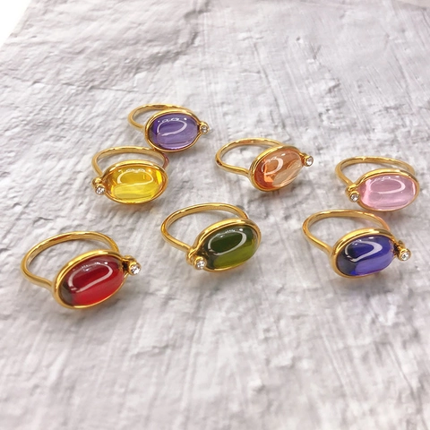 Bague en Cuivre Plaqué Or 18K avec Pierre Gemme Ovale pour Femme Élégante Zircone Incrustée Cristal Coloré Bijoux