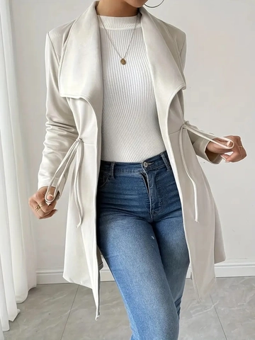 Women Elegant Trench Coat Lapel Drawstring Waist Long Cardigan Polyester Casual Outerwear