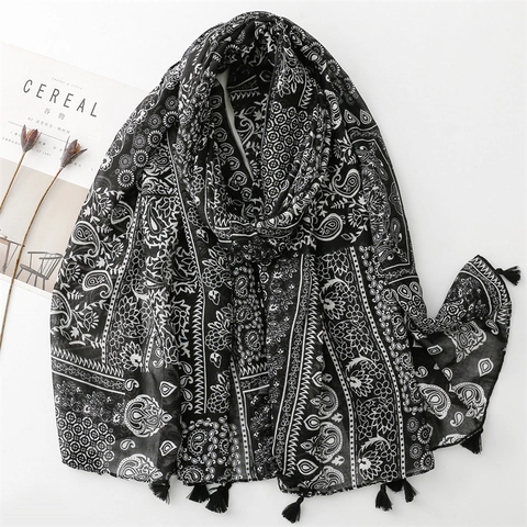Long Paisley Floral Print Scarf Shawl Polyester Voile Cotton Linen Feel Bohemian Ethnic Wrap With Tassels