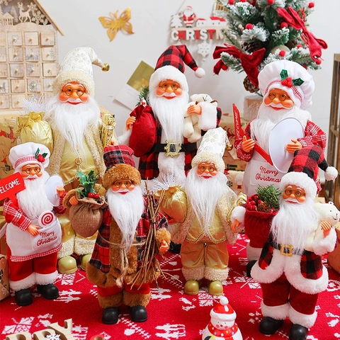Standing Santa Claus Doll Figurine Christmas Ornament Plaid Suit Gold Gift Bag Backpack Santa Decoration For Home Party Decor Gift