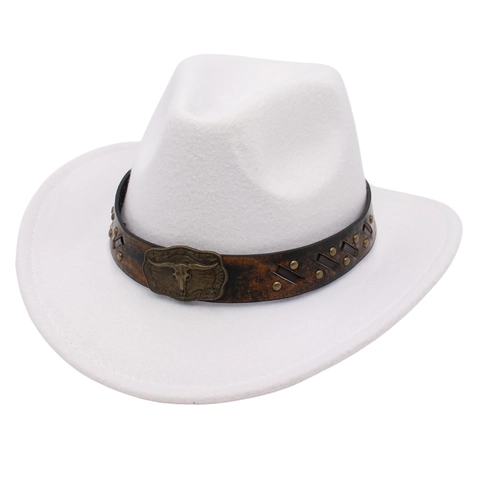 Vintage Western Cowboy Hat Cotton Felt Wide Brim With Bull Head Metal Buckle And Rivet Decor For Men And Women