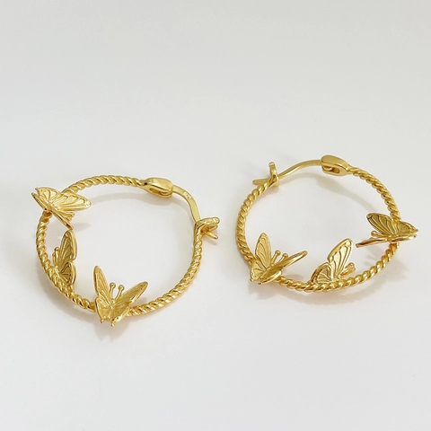 Orecchini A Cerchio Con Farfalla In Argento Sterling 925 Placcato Oro 18K Cerchio In Corda Intrecciata Gioielli Donna