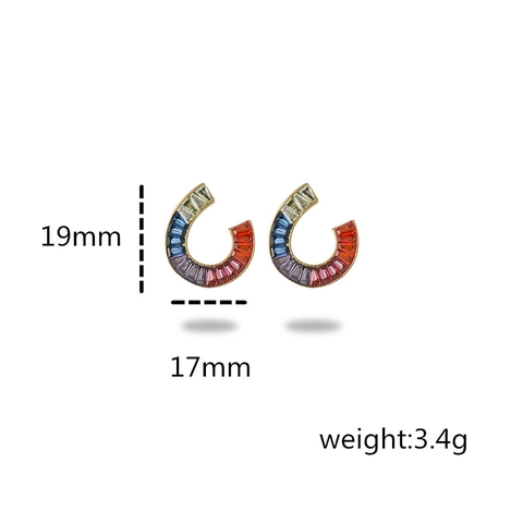 Orecchini A Cerchio A Forma Di C Con Zirconia Cubica Baguette Acciaio Inossidabile Colorato Arcobaleno Stile Retro Francese