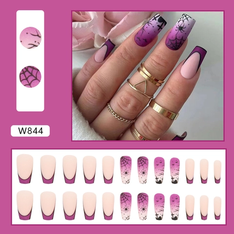 Uñas Halloween Press On Degradado Morado Mate Coffin Uñas Postizas Telaraña Murciélago Largas Uñas Artificiales