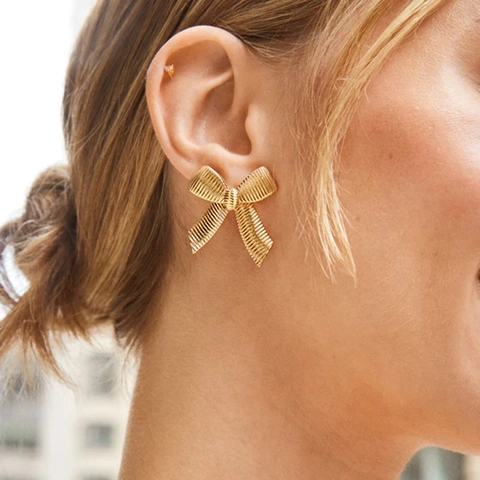 Textured Bow Knot Stud Earrings 18K Gold Plated Stainless Steel Striped Ribbon Design Elegant Jewelry For Women