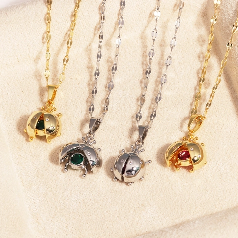 Collier Pendentif Coccinelle Mignon Acier Titane Émail Animal Strass Bijoux Mode Cadeau Pour Femmes