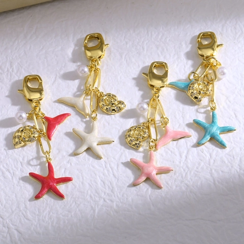 Llavero Tema Océano Estrella De Mar Cola De Pez Chapado En Oro Esmalte Circón Concha Perla Artificial Joya Bolso Mujer