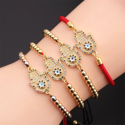 Hamsa Hand Evil Eye Bracelet Copper Gold Plated Cubic Zirconia Adjustable Braided Rope Jewelry For Women