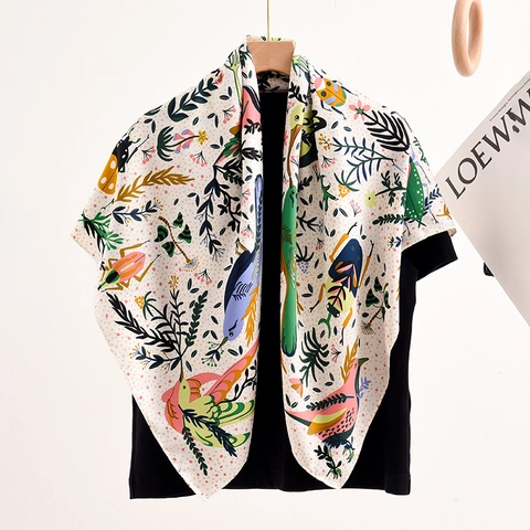 Women's Elegant Forest Style Bird Floral Print Satin Feel Large Square Scarf Lightweight Polyester Decorative Shawl