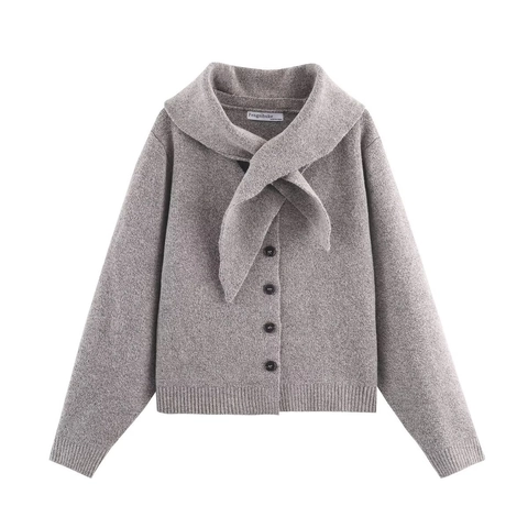 Damen Strickjacke Schalkragen Wollmischung Geknöpft Langarm Meliert Grau Rippstrick Saum Pullover Jacke