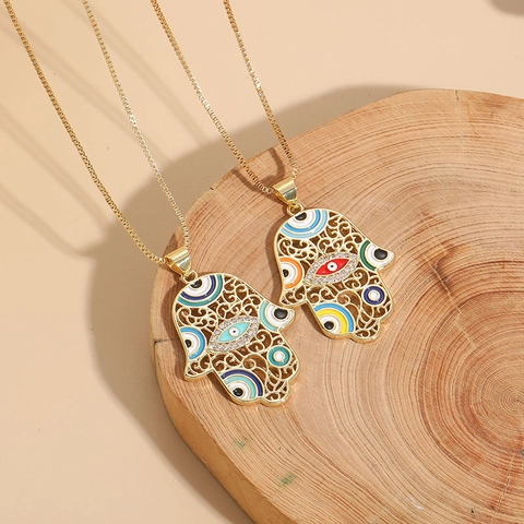 Hamsa Hand Evil Eye Anhänger Halskette Kupfer 14K Vergoldet Zirkon Emaille Ethnischen Stil Modeschmuck Für Frauen