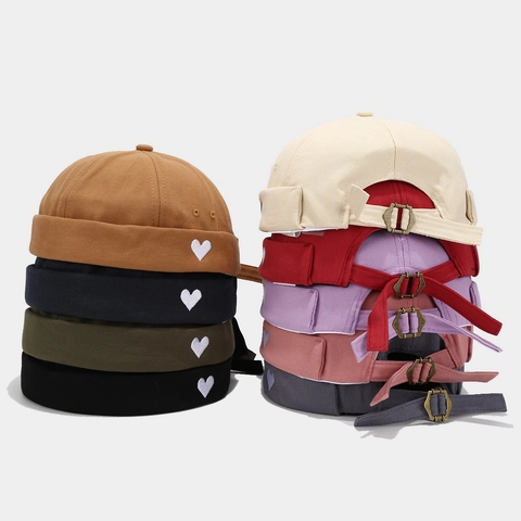 Docker Hat Cotton Canvas Brimless Cap Heart Embroidery Adjustable Retro Streetwear Hip Hop Miki Hat For Men Women