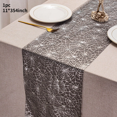 Halloween Table Runner Polyester Mesh Spider Web Skull Pumpkin Print Spooky Party Home Dining Room Decor Gothic Style