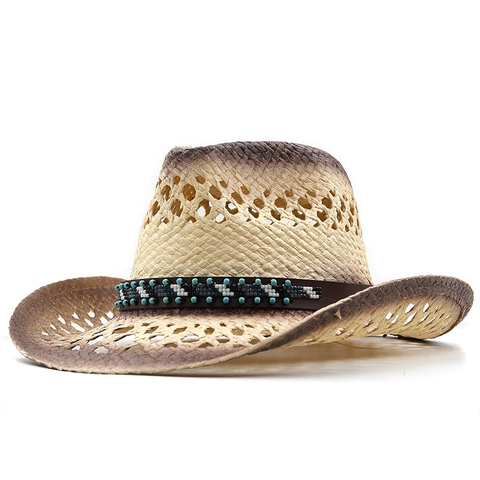 Cappello Da Cowboy In Paglia Western Vintage Distressed Cavo Traspirante Perline Tesa Larga Spiaggia Protezione Solare Unisex
