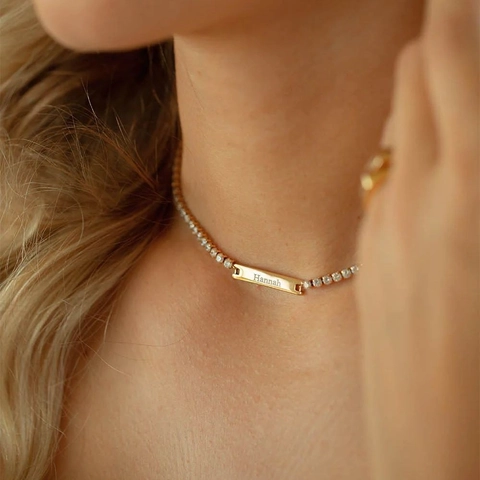 Stainless Steel Rhinestone Tennis Chain Necklace Rectangular Plate Pendant 18K Gold Plated Simple Fashion Women Jewelry