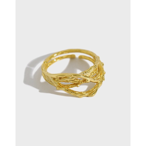 Anillo Abierto de Plata de Ley 925 con Diseño de Rama de Espinas para Mujer Textura Irregular Ajustable Minimalista Joyería