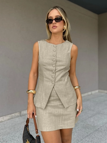 Gilet Senza Maniche In Lino Cotone Con Bottoni E Minigonna Completo Estivo Elegante Casual Da Donna