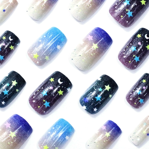 Press On Nails Starry Sky Galaxy Design Gradient Color Glitter Star Moon Pattern Mid Long Square ABS Plastic For Women