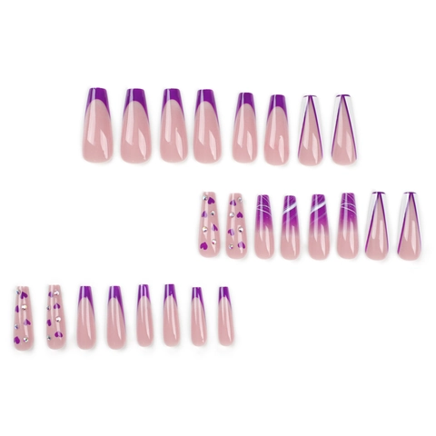 Uñas Postizas Press On Moradas French Tip Estilo Ataúd Largo Con Diamantes Imitación Corazón Para Mujer