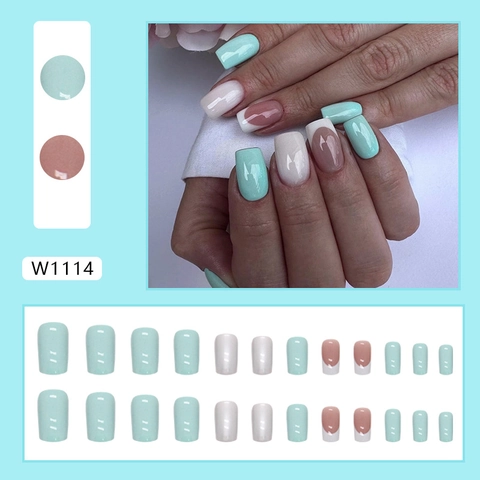 Unghie Finte Press On Verde Menta Argento Aurora French Tip Quadrate Manicure Lucida Per Donne Stile Dolce Elegante