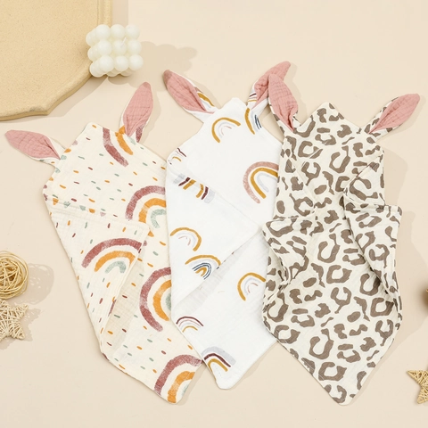 Baby Comfort Towel Bunny Ears Cotton Muslin Soft Breathable Swaddle Blanket Animal Print Saliva Bib