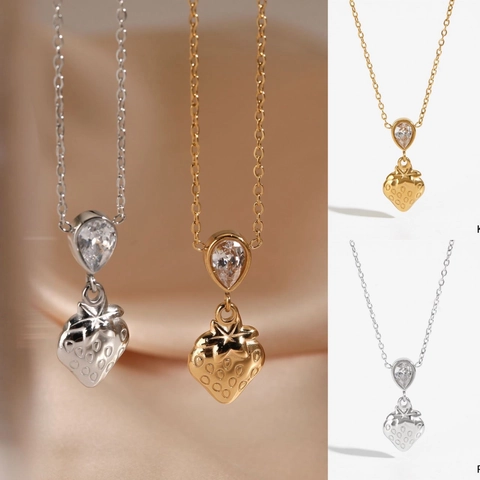 Collar Con Colgante De Fresa Acero Inoxidable Circonita Gota De Agua Joyería Estilo Fruta Para Mujer Bañado Oro PVD