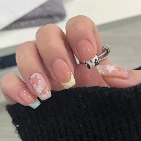 French Star Cow Print Press On Nails Handmade Color Blocking Square Round Shape Trendy Fake Nails For Women