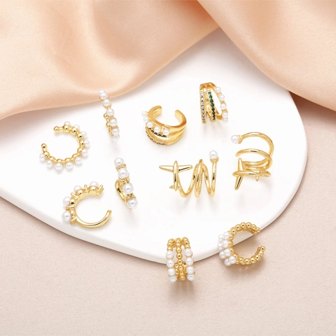 Boucles D'oreilles Ear Cuffs Cuivre Plaqué Or 18K Zircon Künstliche Perle Imitation Forme C Bijoux Mode Femme