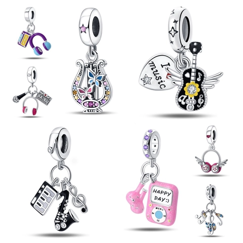 Music Theme Dangle Charms Silver Plated Enamel Zircon For DIY Bracelet Necklace Guitar Headphone Piano Saxophone Style
