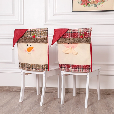 Christmas Chair Back Covers Santa Claus Snowman Plush Flannel Red Plaid Festive Dining Room Party Home Decoration