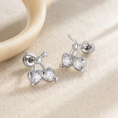 Heart Cherry Cubic Zirconia Cartilage Stud Earring Titanium Steel Copper Screw Back Piercing Jewelry Sweet Tiny Fruit Design