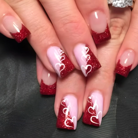 Unghie Finte Press On Corte Quadrate Glitter Rossi French Tip Cuore Bianco San Valentino Dolce Lucido Per Donne
