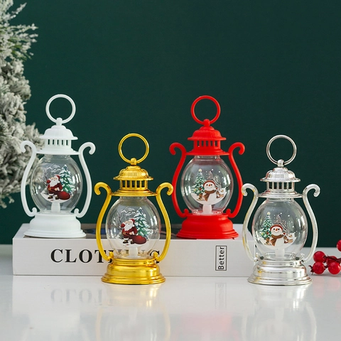 Linterna LED De Navidad De Plástico Portátil Colgante Estilo Lámpara De Aceite Retro Adorno De Escritorio Con Patrón De Papá Noel